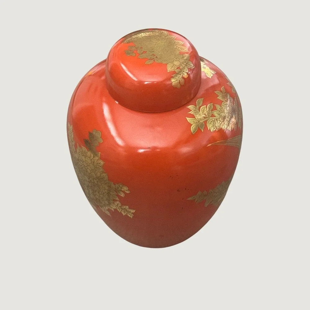 Vintage Andrea by Sadek Orange Gold Gilt Peacock Ginger Jar Chinoserie